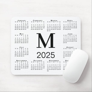 Tapis De Souris Monogramme noir 2025 Calendrier sur blanc