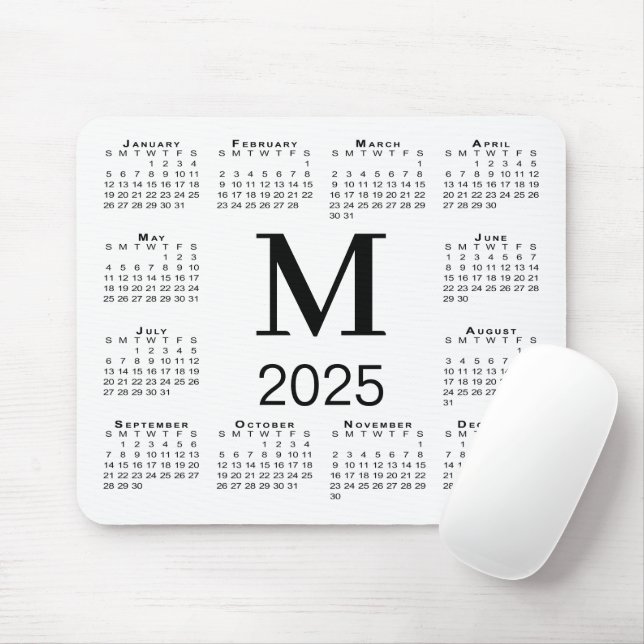 Tapis De Souris Monogramme noir 2025 Calendrier sur blanc (Avec souris)
