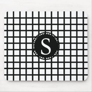 Tapis De Souris Monogramme noir avec rayures de chèques blancs et 