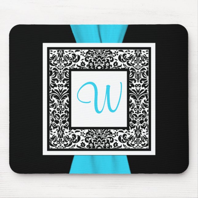Tapis De Souris Monogramme Noir, Bleu, Blanc Damas Mousepad (Devant)