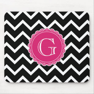Tapis De Souris Monogramme noir Chevron rose chaud