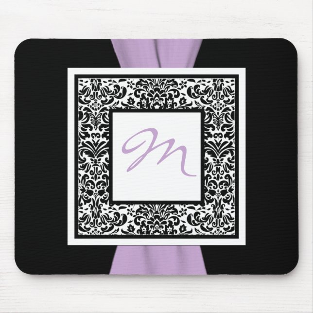 Tapis De Souris Monogramme Noir, Lavende, Blanc Damas Mousepad (Devant)