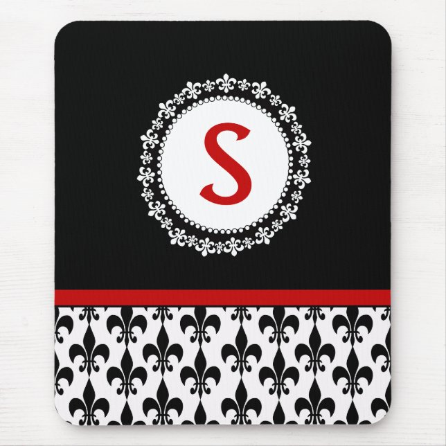 Tapis De Souris Monogramme noir rouge Fleur de Lis (Devant)