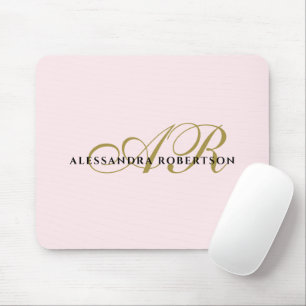 Tapis De Souris Monogramme Nom blush rose or noir élégant