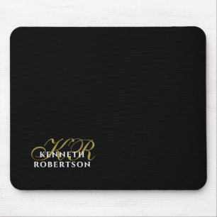 Tapis De Souris Monogramme Nom Noir Or Blanc Minimaliste Élégant 