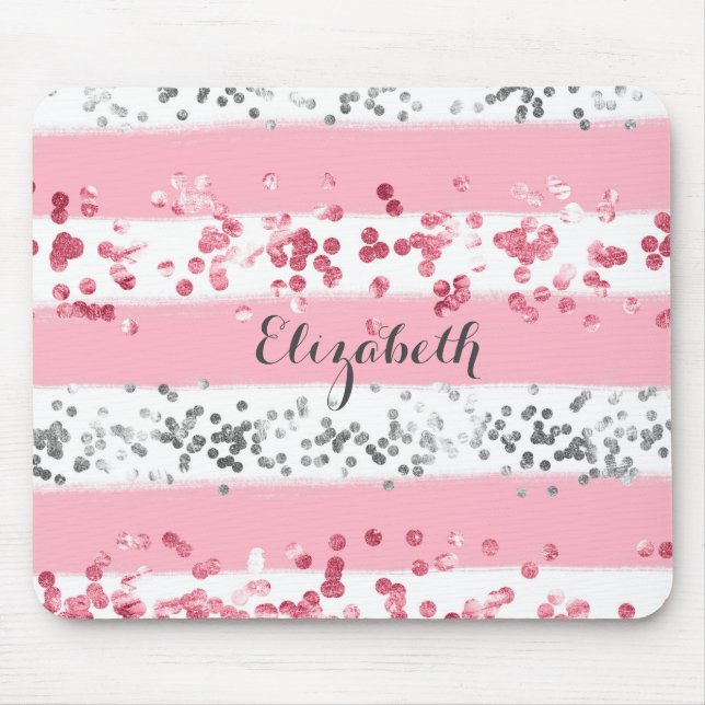 Tapis De Souris Monogramme Nom rose blanc gris Parties scintillant (Devant)