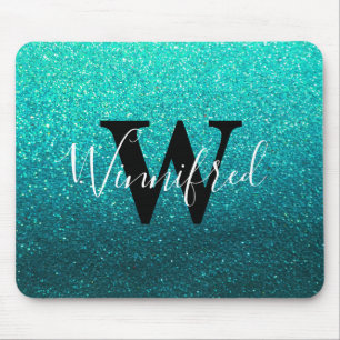 Tapis De Souris Monogramme Nom Turquoise Ombre Parties scintillant