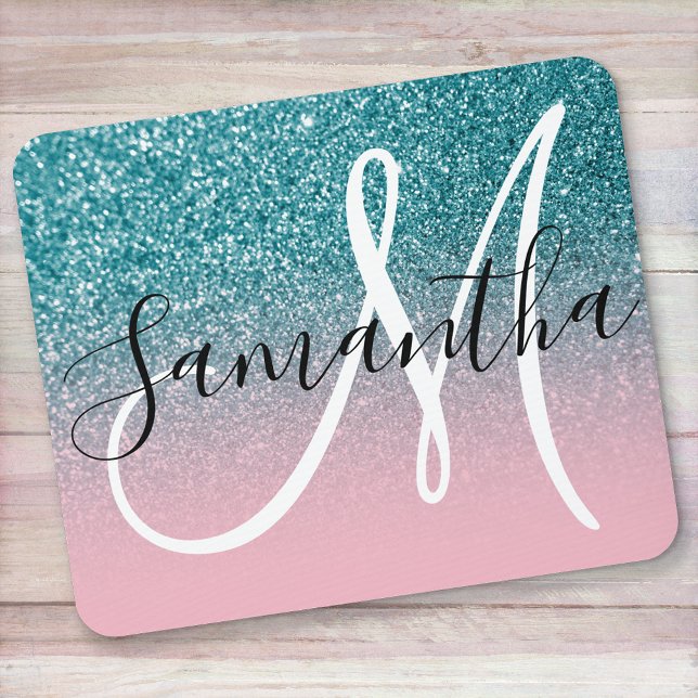 Tapis De Souris Monogramme ombré pailleté rose et sarcelle (Créateur téléchargé)