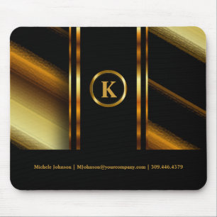 Tapis De Souris Monogramme Or foncé et bandes diagonales noires