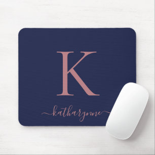 Tapis De Souris Monogramme or Rose bleu marine moderne