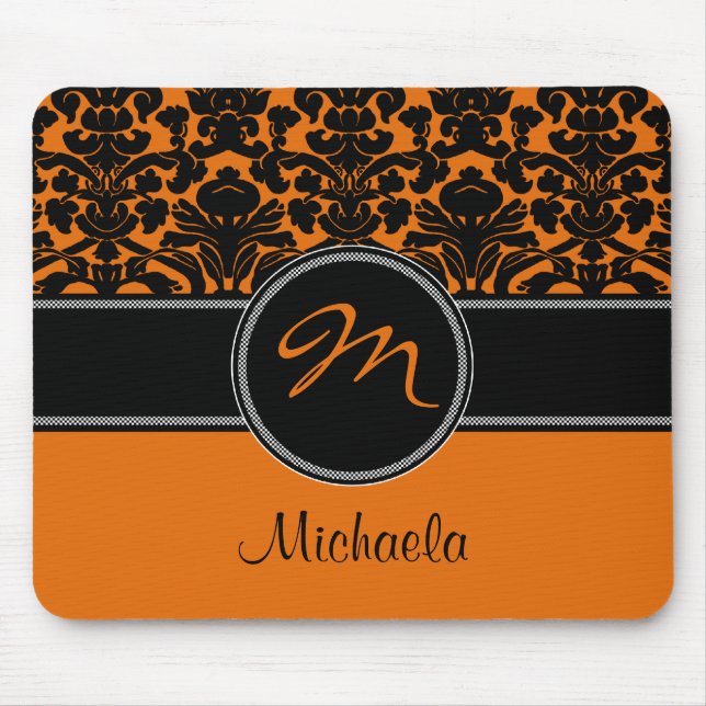 Tapis De Souris Monogramme Orange noir blanc Damas Mousepad (Devant)