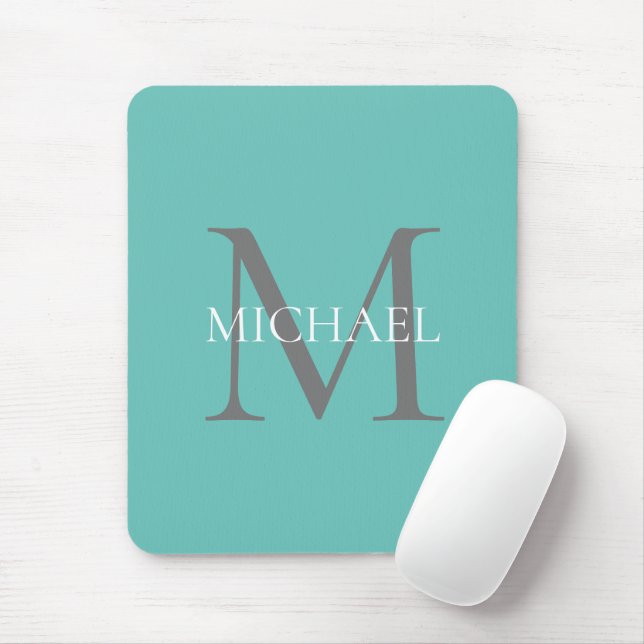 Tapis De Souris Monogramme personnalisé et nom turquoise clair (Avec souris)