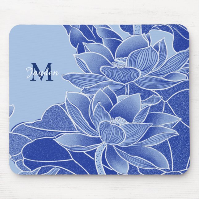 Tapis De Souris Monogramme personnalisé Fleurs Bleues Lotus Mandal (Devant)