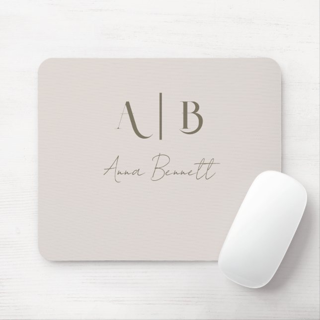 Tapis De Souris Monogramme personnalisé moderne Initiales Nom Beig (Avec souris)