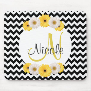 Tapis De Souris Monogramme Personnalisé noir blanc chevron Daisy