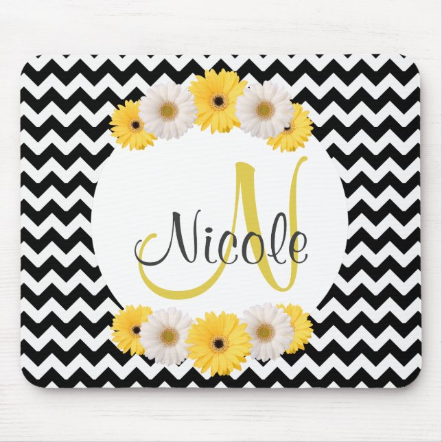 Tapis De Souris Monogramme Personnalisé noir blanc chevron Daisy (Devant)