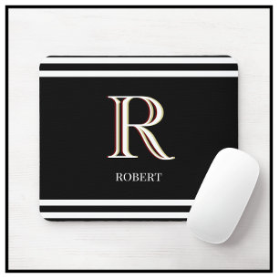 Tapis De Souris Monogramme personnalisé noir blanc moderne Nom 