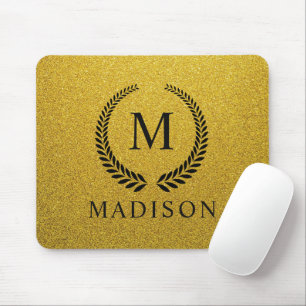 Tapis De Souris Monogramme personnalisé noir et or paillettes doré