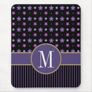 Tapis De Souris Monogramme rayé floral noir assez pourpre d'or