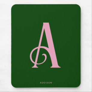 Tapis De Souris Monogramme rose chic moderne initial sur vert fonc