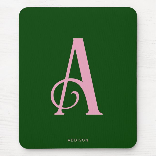 Tapis De Souris Monogramme rose chic moderne initial sur vert fonc (Devant)
