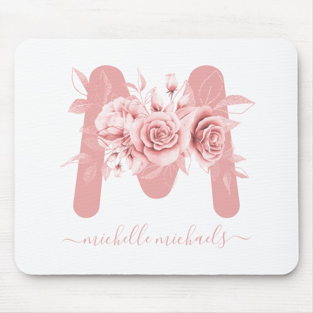 Tapis De Souris Monogramme rose d'aquarelle florale blanche or (Devant)