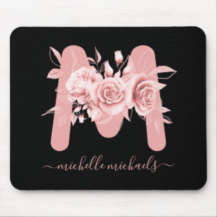 Tapis De Souris Monogramme rose d'aquarelle noire