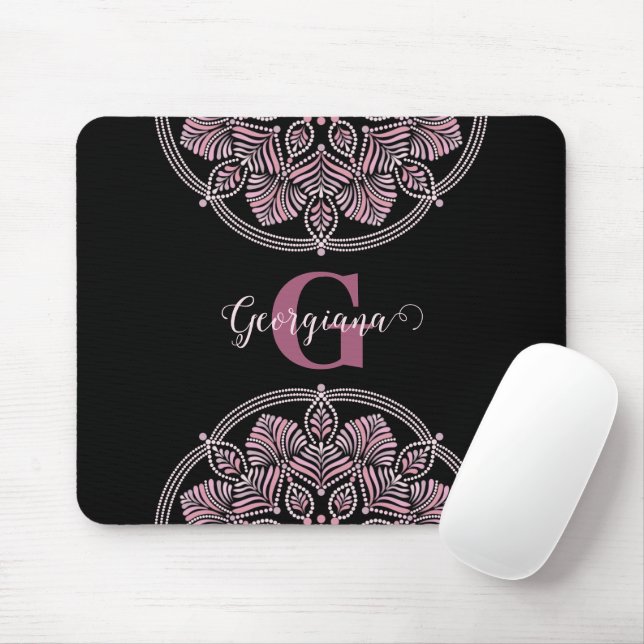 Tapis De Souris Monogramme Rose Dusky Fronds Floral Dot Mandala (Avec souris)