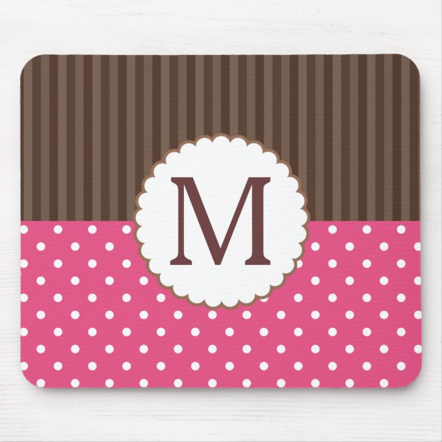 Tapis De Souris Monogramme rose et Brown de rayures de pois (Devant)