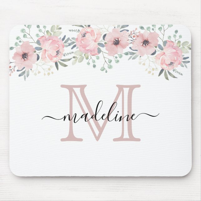 Tapis De Souris Monogramme rose floral élégant moderne (Devant)