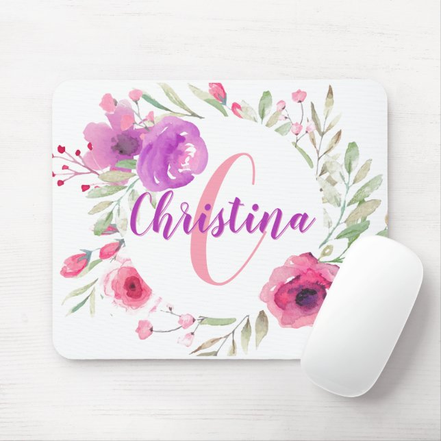 Tapis De Souris Monogramme rose floral Girly chic moderne (Avec souris)