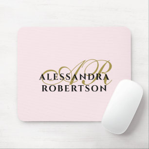Tapis De Souris Monogramme Rose Pastel Élégant Noir Minimaliste Or
