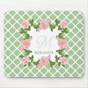 Tapis De Souris Monogramme rose rose du Quatrefoil vert du Nil
