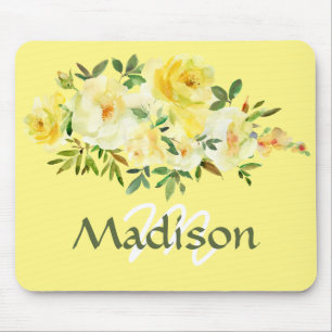 Tapis De Souris Monogramme Roses Jaunes Style Vintage Plaque de so