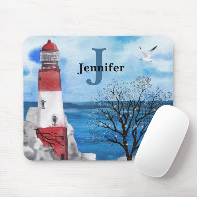 Tapis De Souris Monogramme Rouge et Bleu Phare Aquarelle Art (Avec souris)