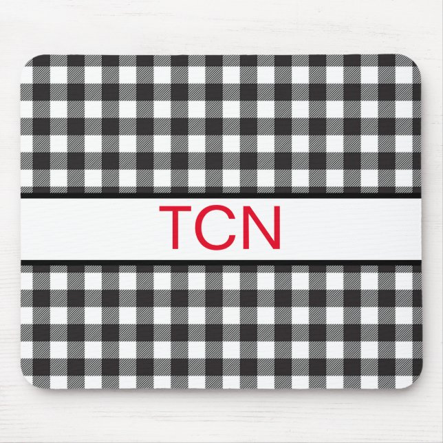 Tapis De Souris Monogramme rouge sur damier bœuf noir et blanc  (Devant)