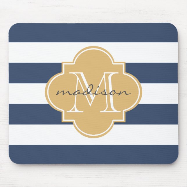 Tapis De Souris Monogramme sur mesure des rayures marines et aurif (Devant)