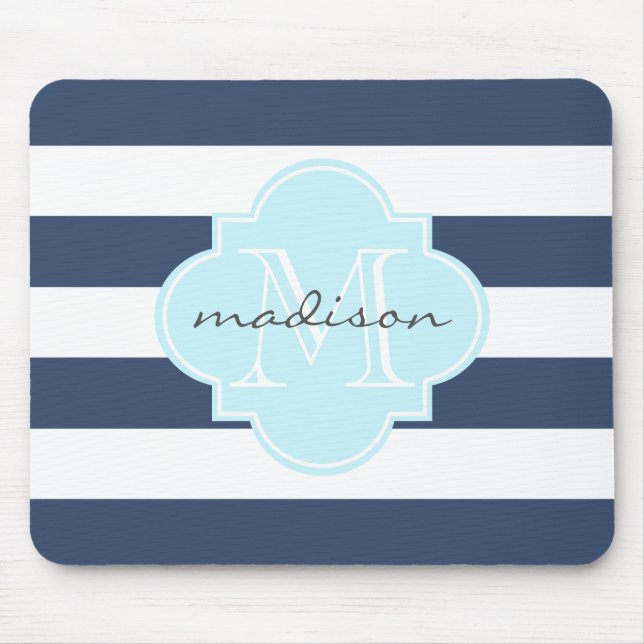 Tapis De Souris Monogramme sur mesure des rayures marines et bleue (Devant)