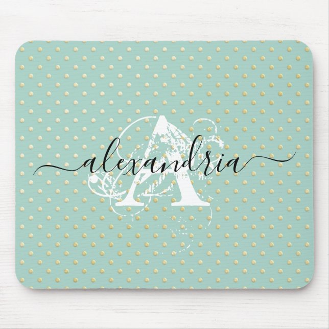 Tapis De Souris Monogramme turquoise de points d'or (Devant)