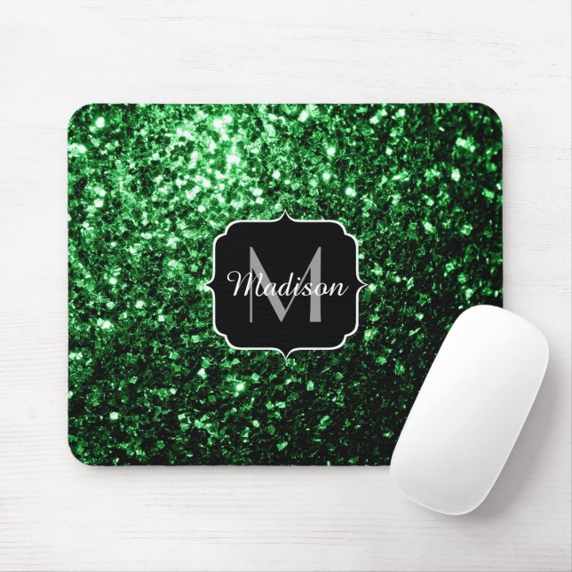 Tapis De Souris Monogramme vert foncé faux parties scintillant sci (Avec souris)