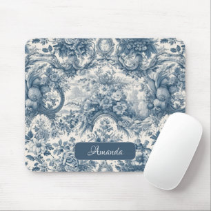 Tapis De Souris monogramme vintage fleuri Blue toile de jouy