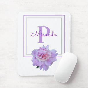Tapis De Souris Monogramme violet encadré Fleur de pivoine rose