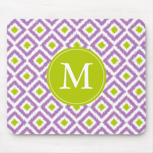 Tapis De Souris Monogramme violet et vert Motif Ikat (Devant)
