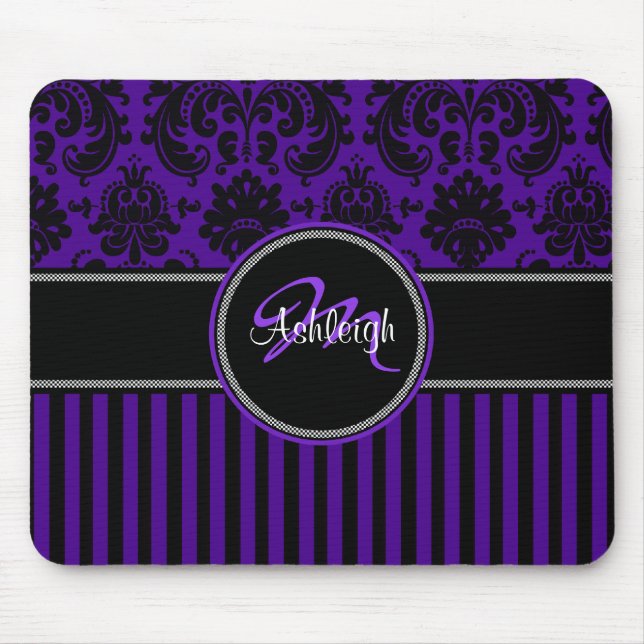 Tapis De Souris Monogramme violet noir blanc rayure Damask Mousepa (Devant)