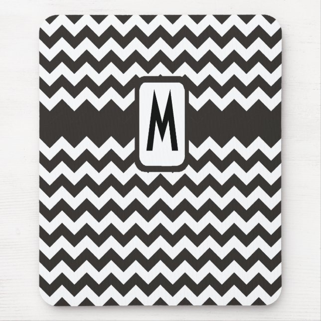 Tapis De Souris Monogramme Zigzag Mousepad : Chevrons noirs, blanc (Devant)
