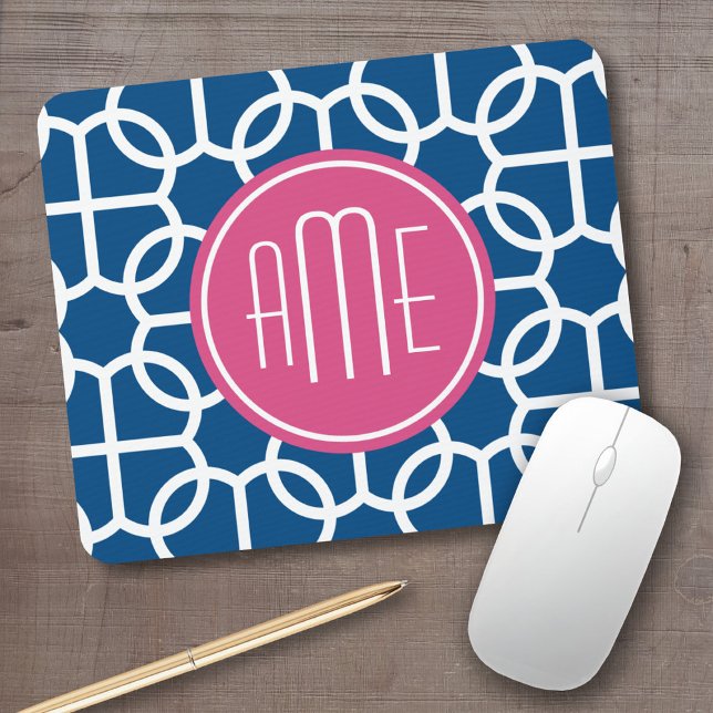 Tapis De Souris Monogrammes de Motif géométrique rose et bleu chau (Personalized mousepad - add your custom text)