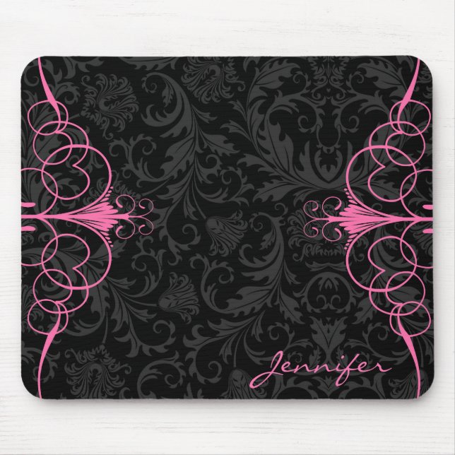 Tapis De Souris Monotones Noires Damas Florales & Cadre Rose (Devant)