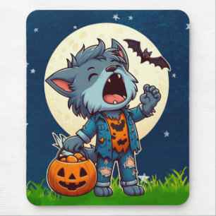 Tapis De Souris Monstre de loup-garou mignon hurlant avec citrouil