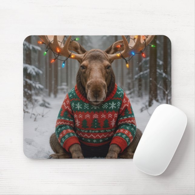 Tapis De Souris Moose Wearing Ugly Christmas Sweater (Avec souris)