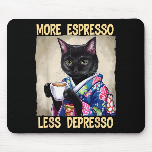 Tapis De Souris More Espresso Less Depresso Japanese Art Funny Cat (Devant)